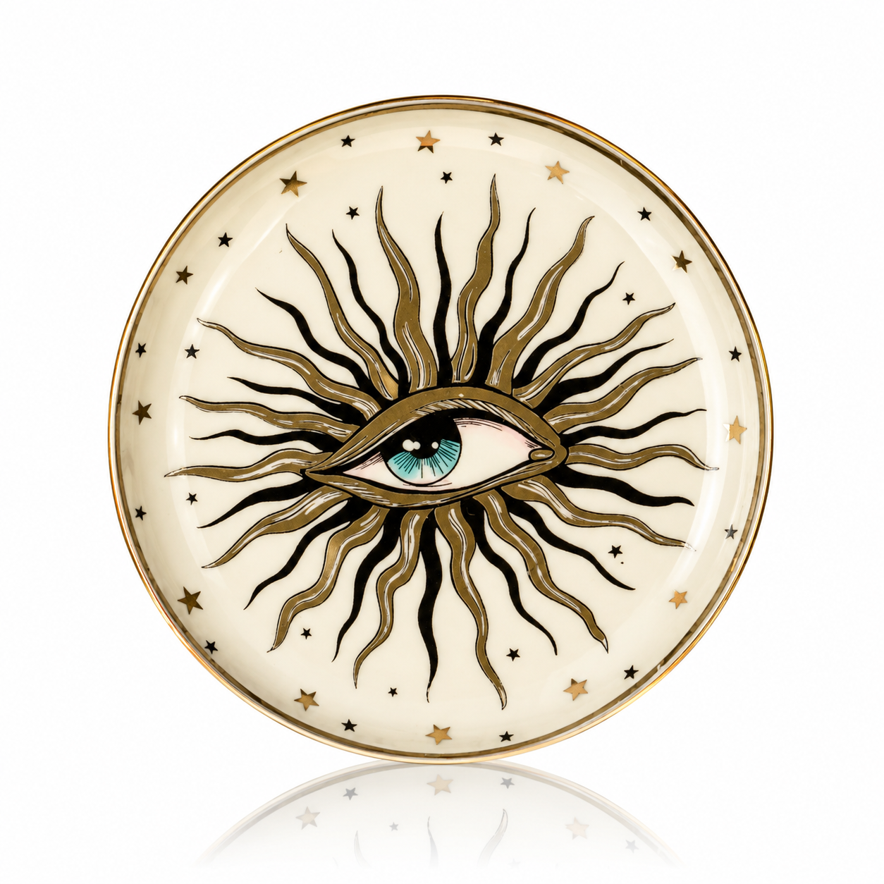 A round decorative plate featuring an all-seeing eye design with radiating black and gold rays, gold stars, and a gold rim on a white background.
