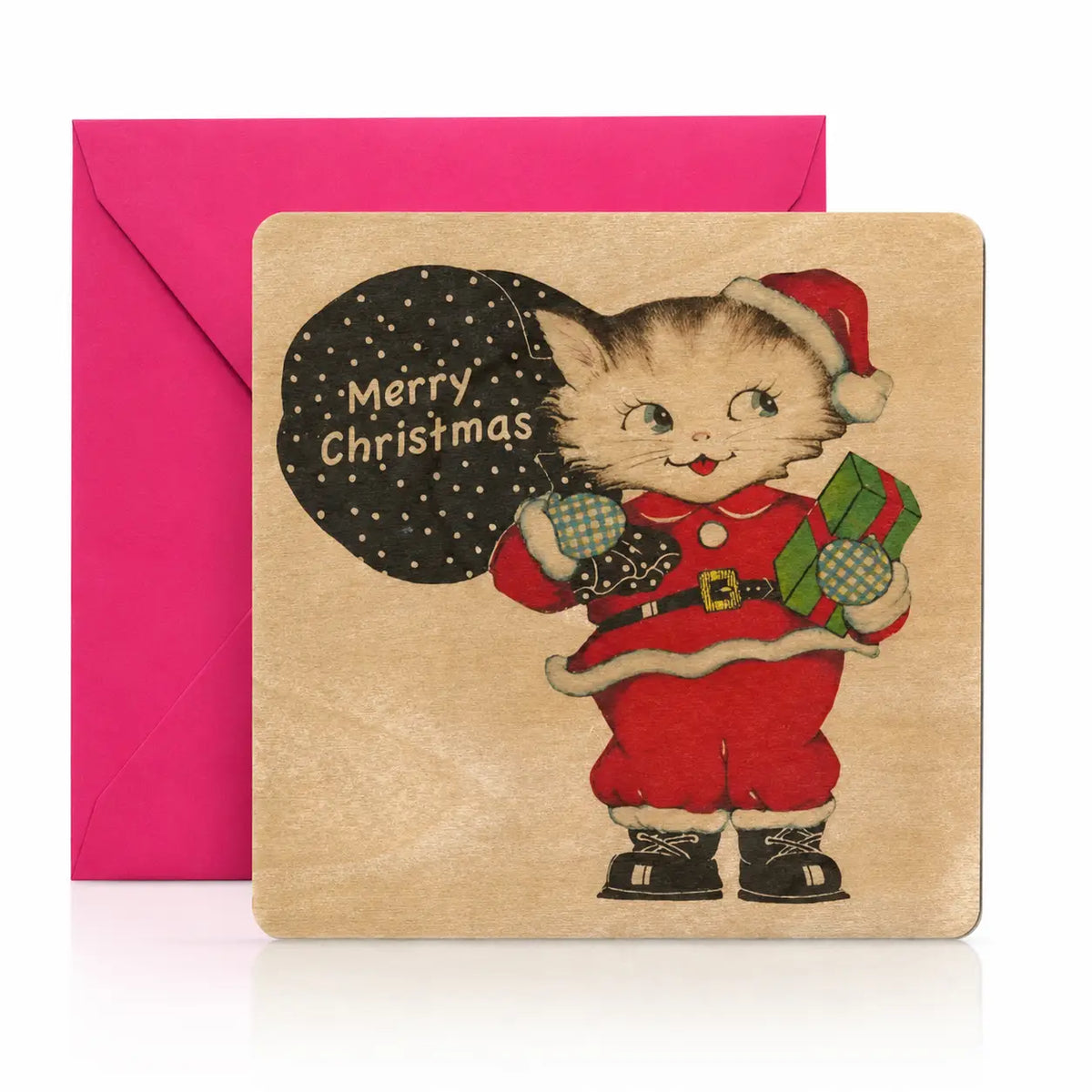 Holiday Wood Flat Card - Santa Kitty