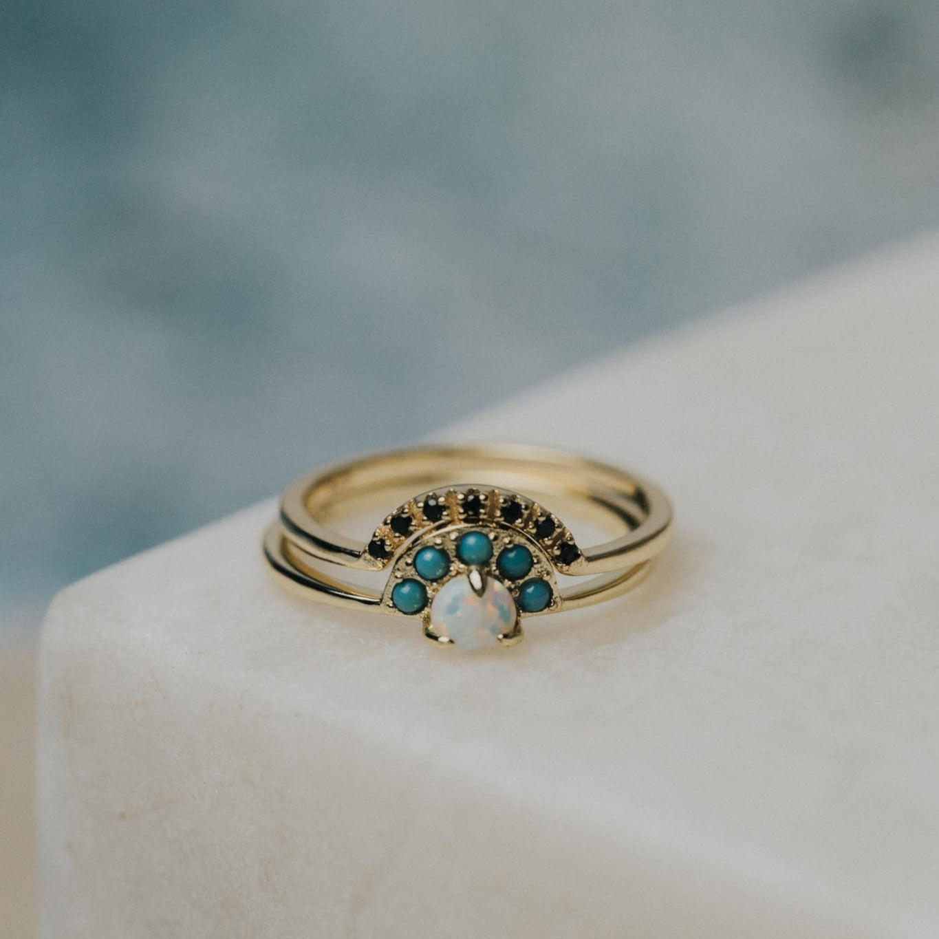 Calico White Opal Stacking Ring Set