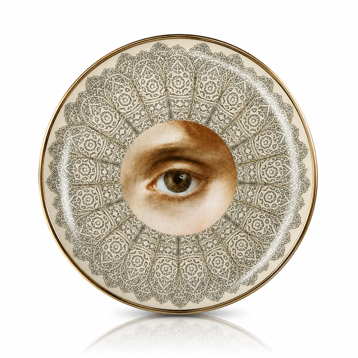 A decorative ceramic plate featuring an intricate beige and brown mandala pattern with a realistic human eye printed in the center, set against a clean white background with a soft reflection below.