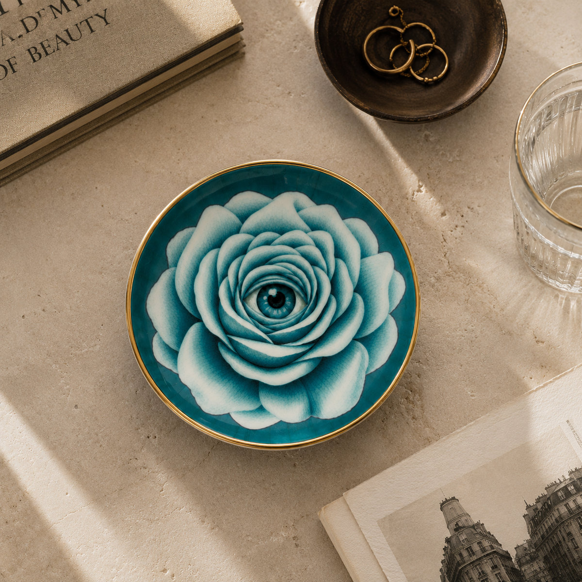 Surrealist Rose Blue Round Trinket Dish