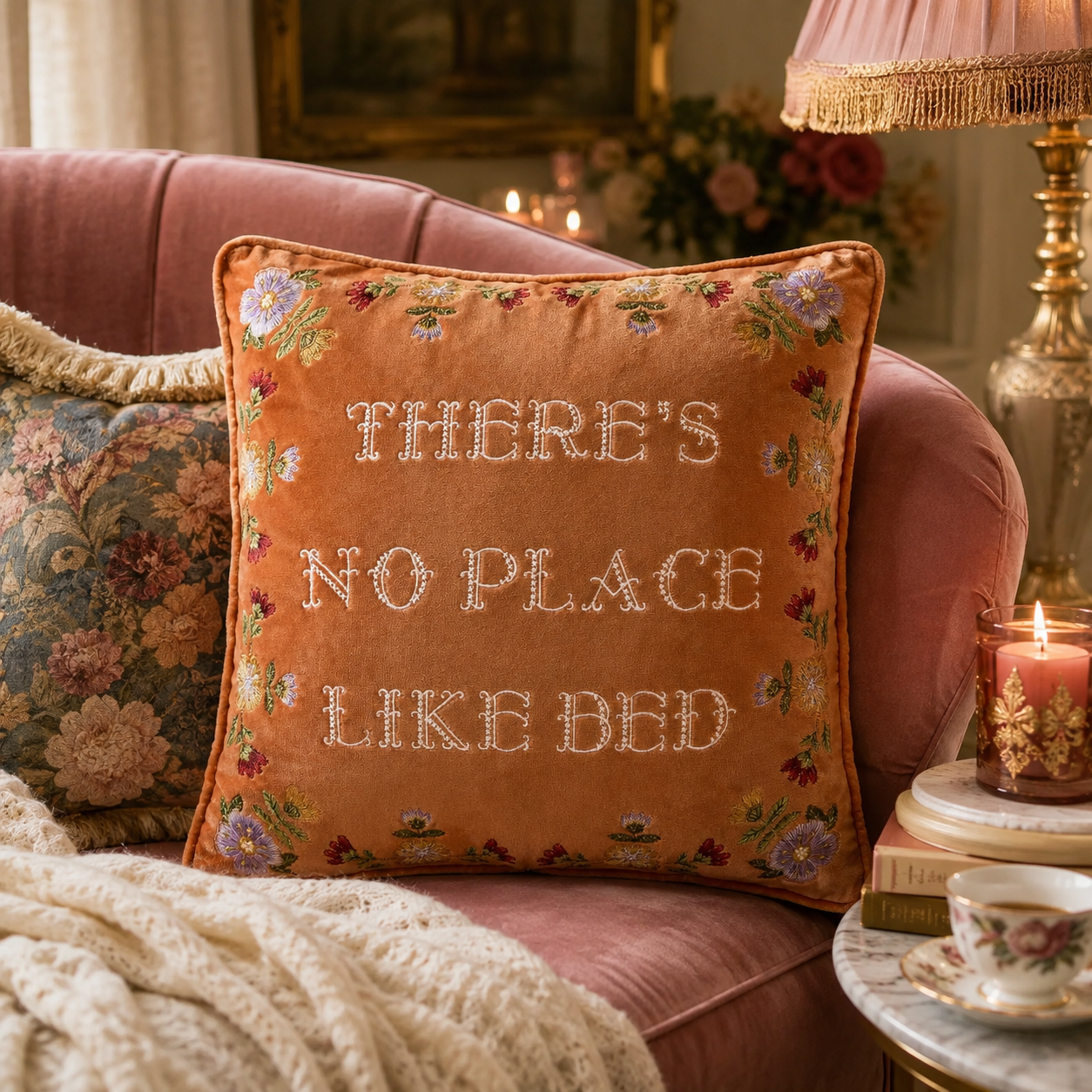 No Place Like Bed Embroidered Pillow