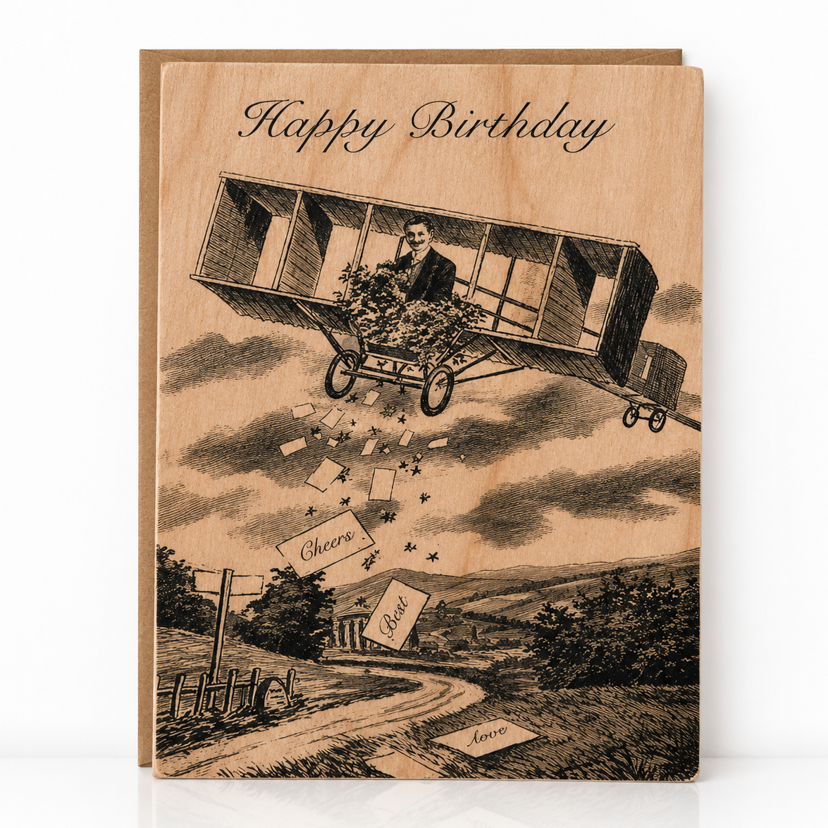 Wood Folding Card - Airplane Birthday