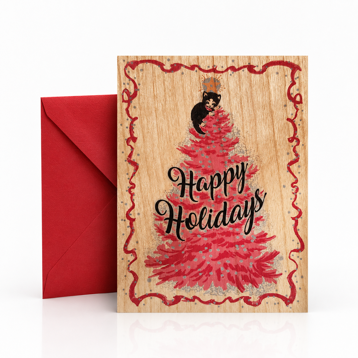 Wood Folding Card Happy Holidays Kitten