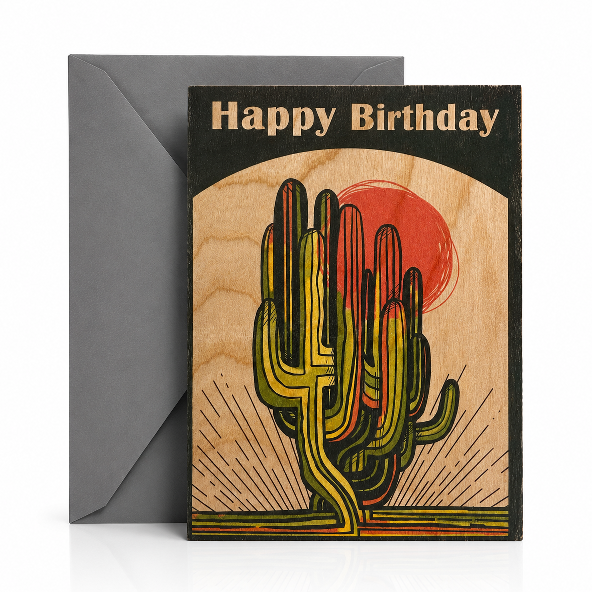 Wood Folding Card - Retro Cactus Birthday