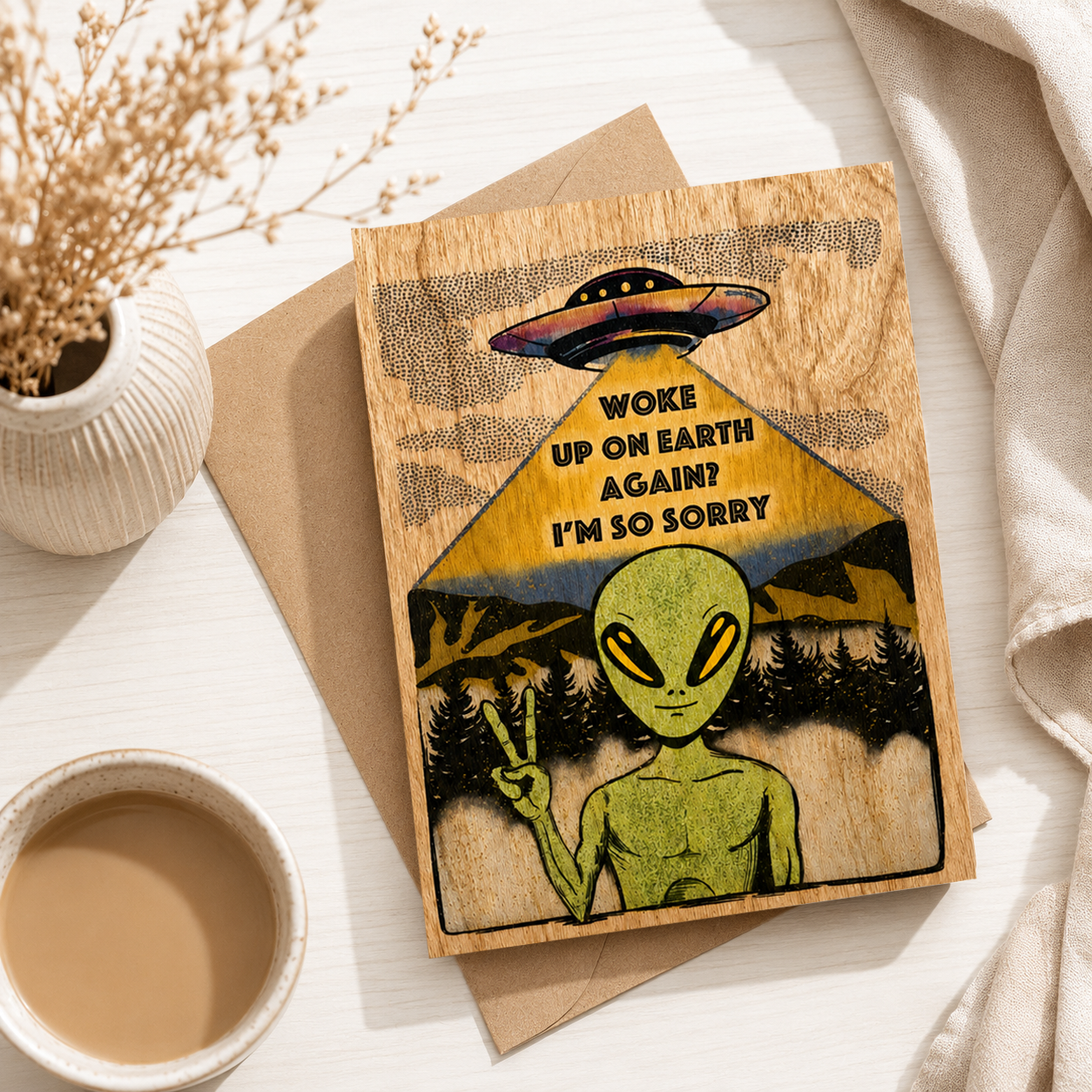 Wood Folding Card - Sympathetic Alien