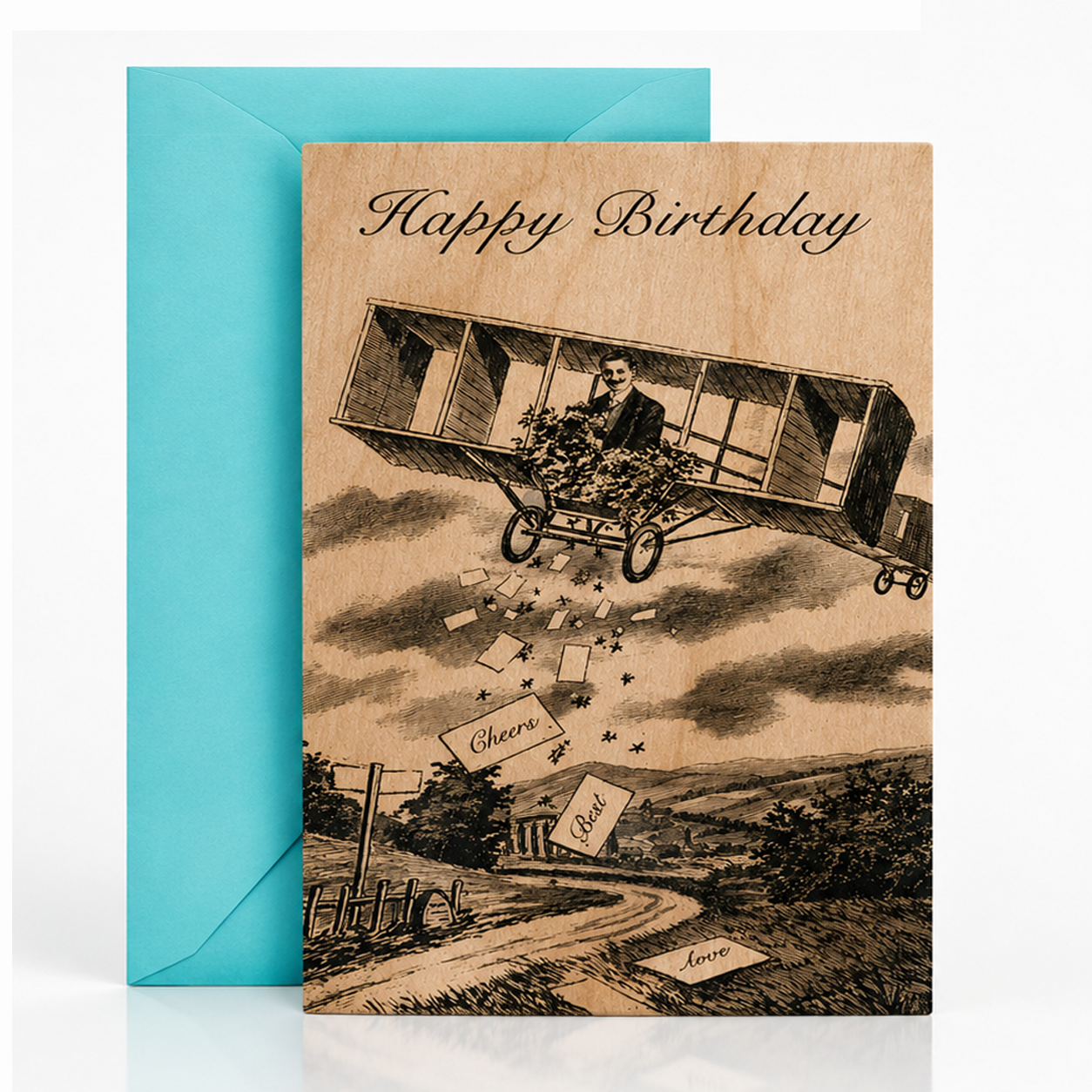 Wood Folding Card - Airplane Birthday