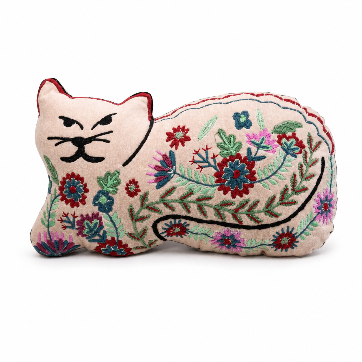 Embroidered Botanical Cat Velvet Accent Pillow