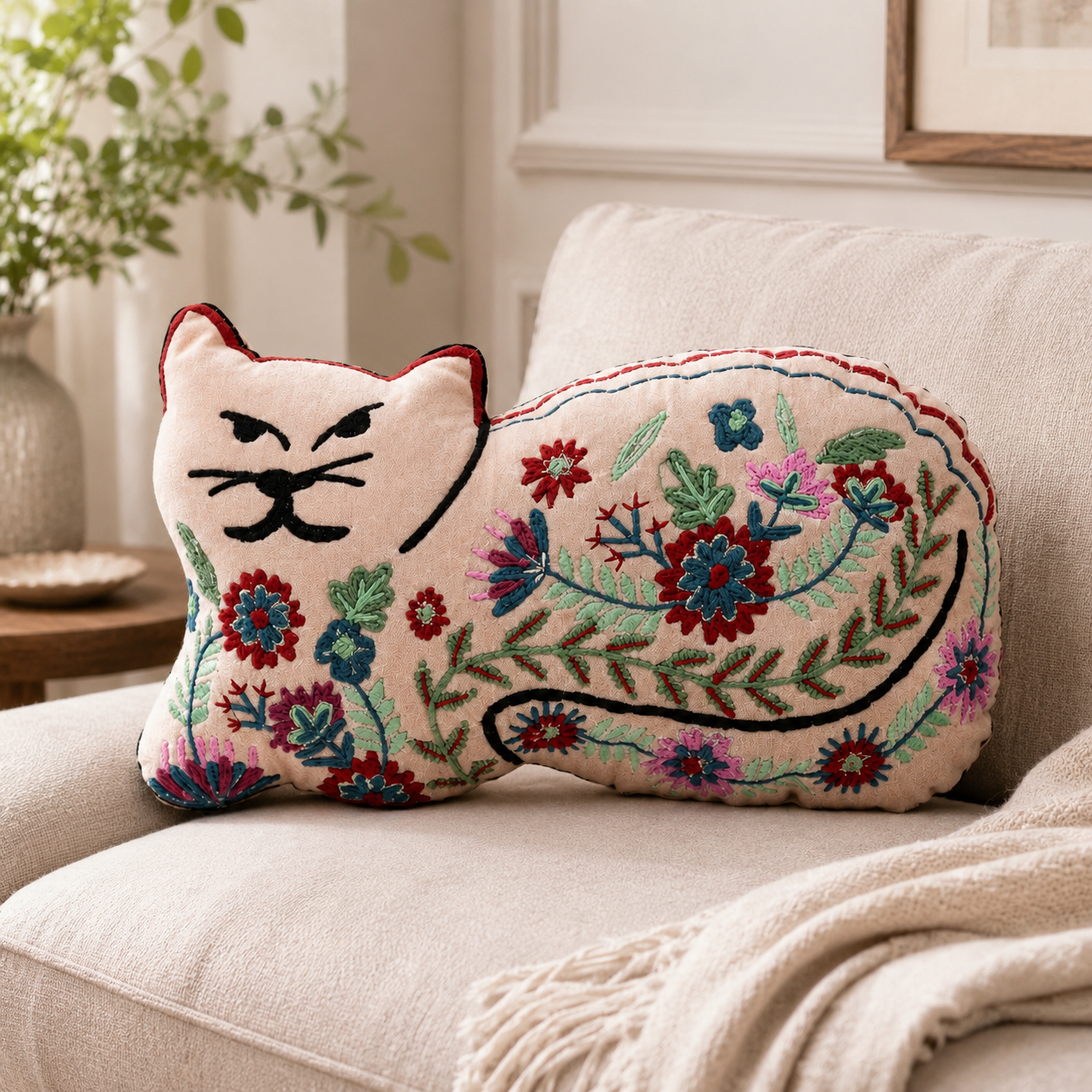 Embroidered Botanical Cat Velvet Accent Pillow