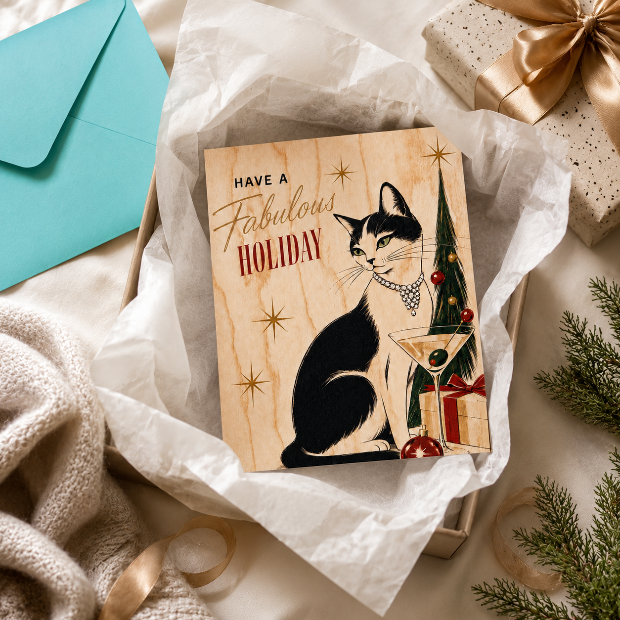 Wood Folding Card - Fabulous Holiday Cat