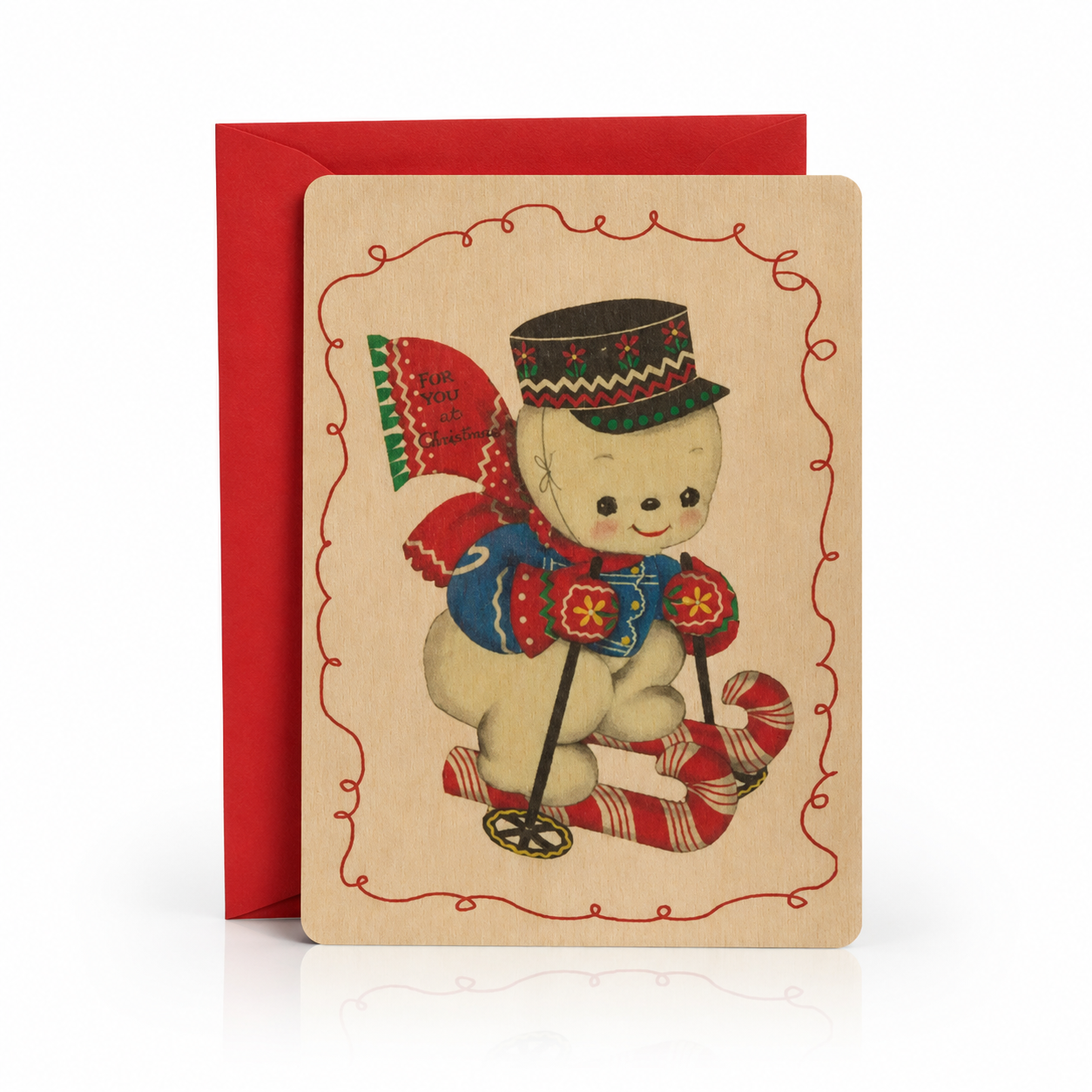 Wood Flat Card - Skiing Snowman