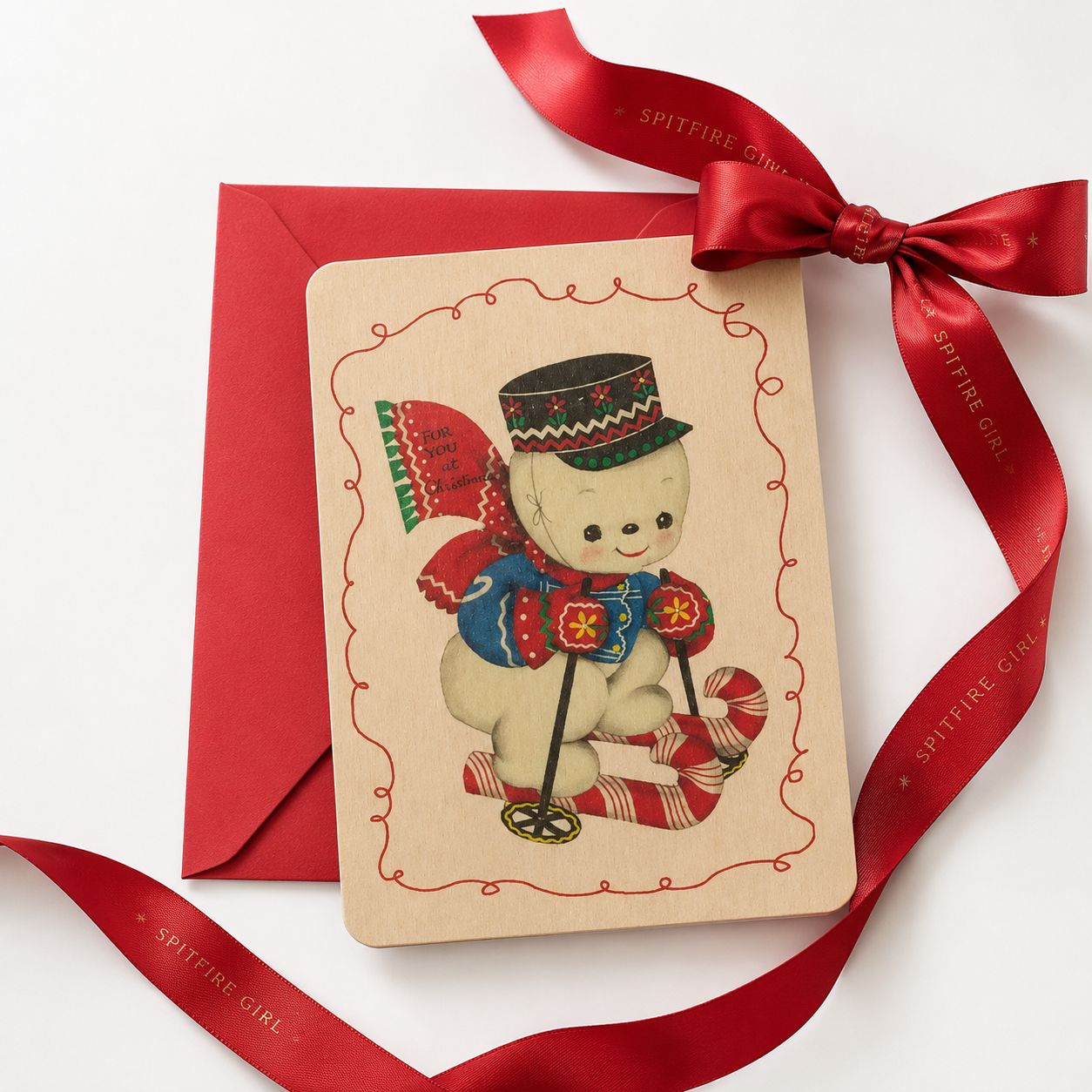 Wood Flat Card - Skiing Snowman