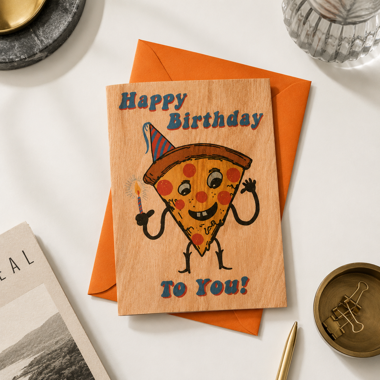 Wood Folding Card - Pizza Birthday
