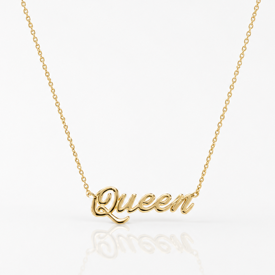 Queen Script Nameplate Gold Necklace