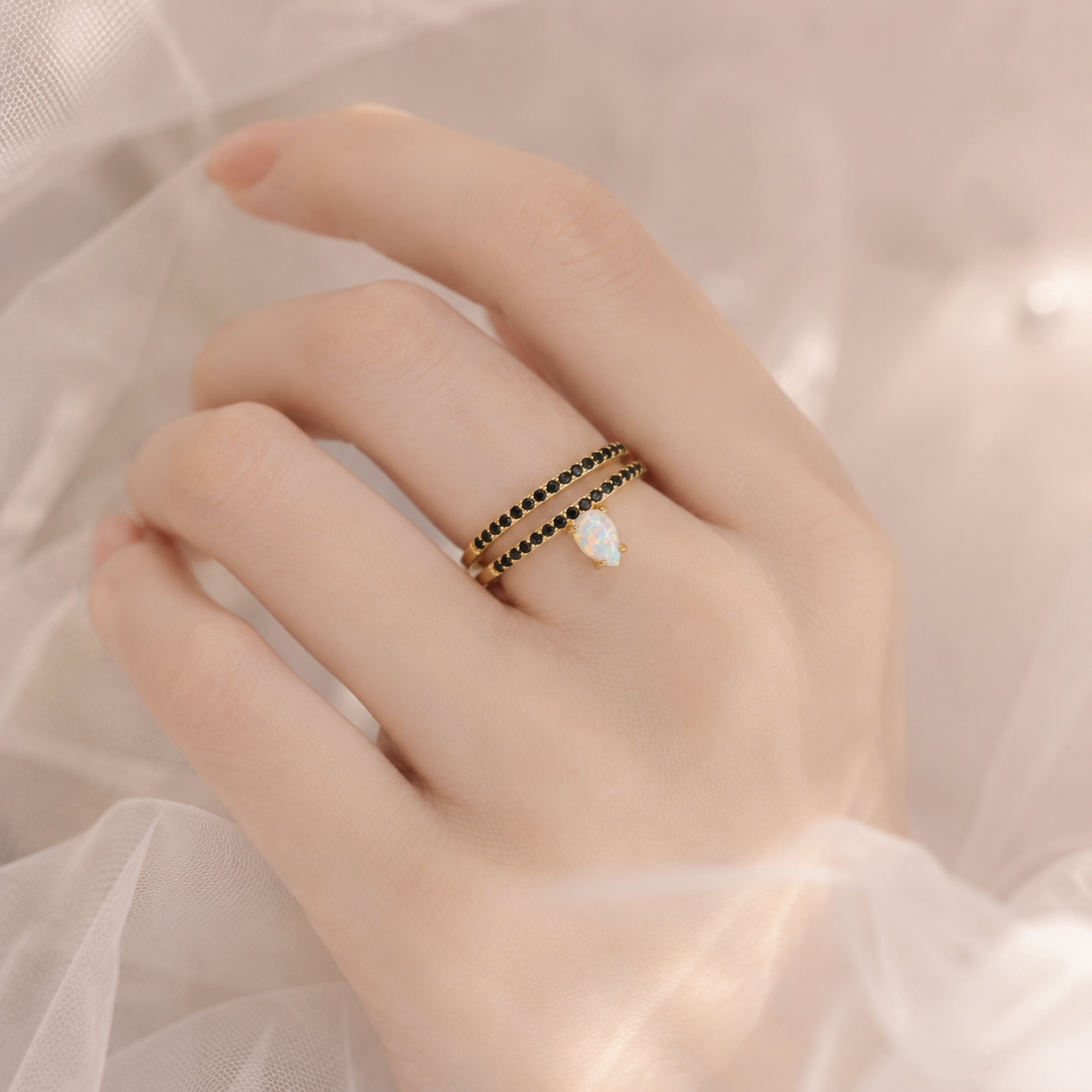 Serena White Opal & Black Onyx Ring