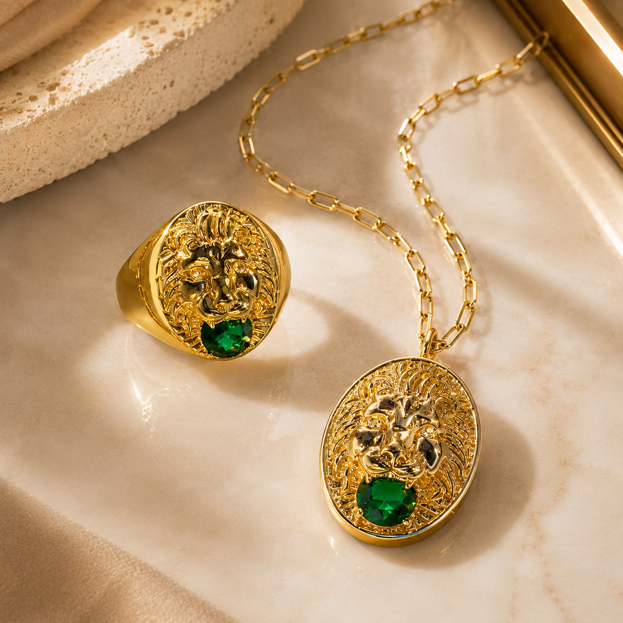 Lion Gold with Emerald Necklace