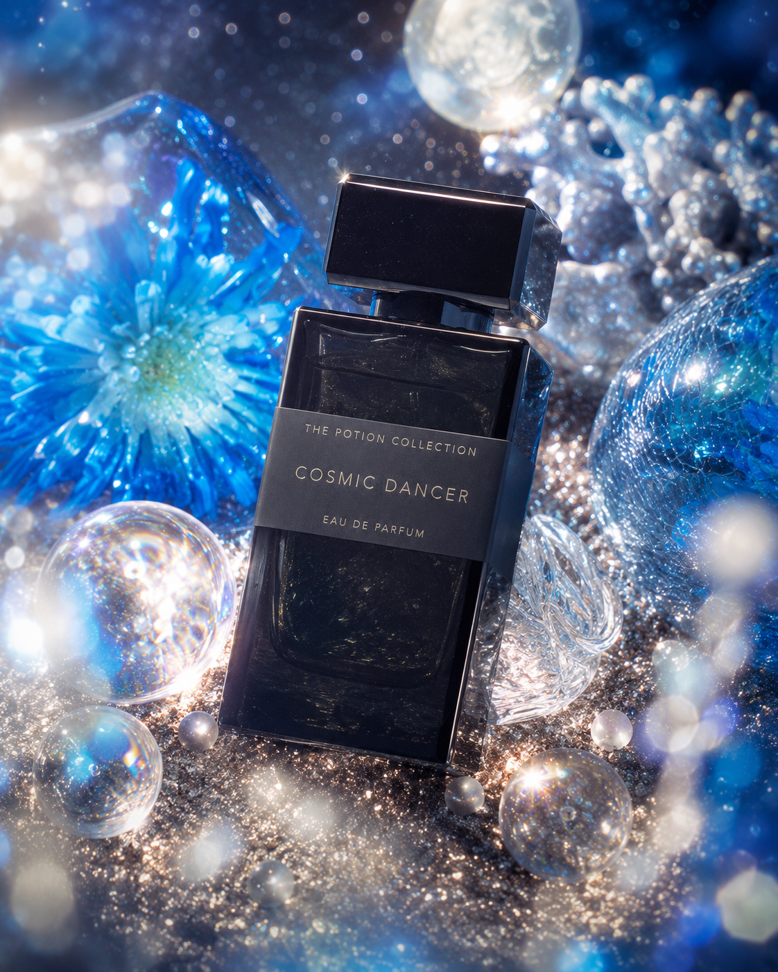 Cosmic Dancer Eau de Parfum bottle from The Potion Collection, presented in a dark glass bottle with a matte black cap, surrounded by sparkling blue and silver decorative elements.