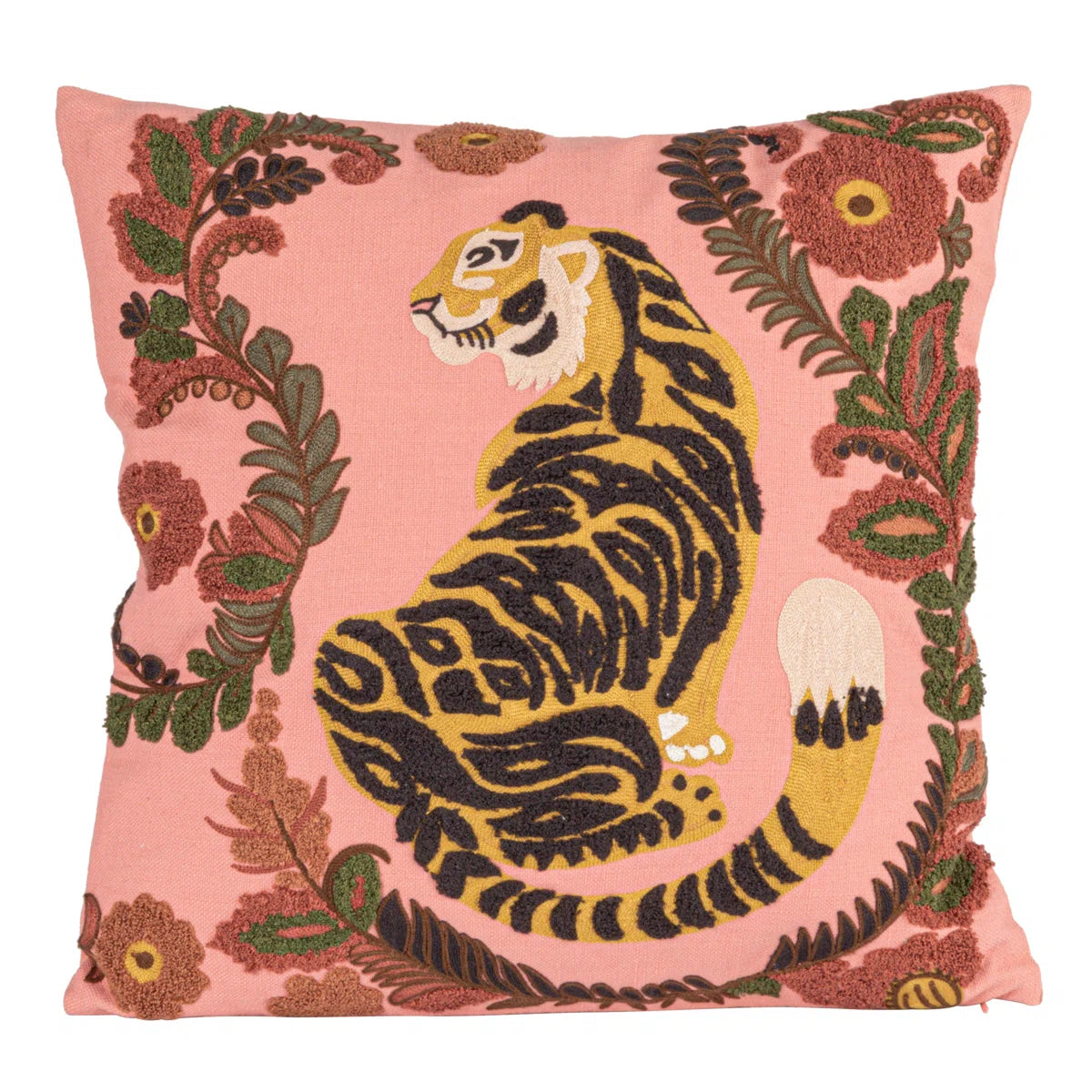 Square Cotton Slub Pillow W/ Embroidered Tiger And Flowers