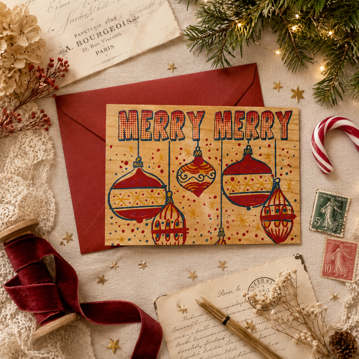 Wood Folding Card Merry Merry Ornaments