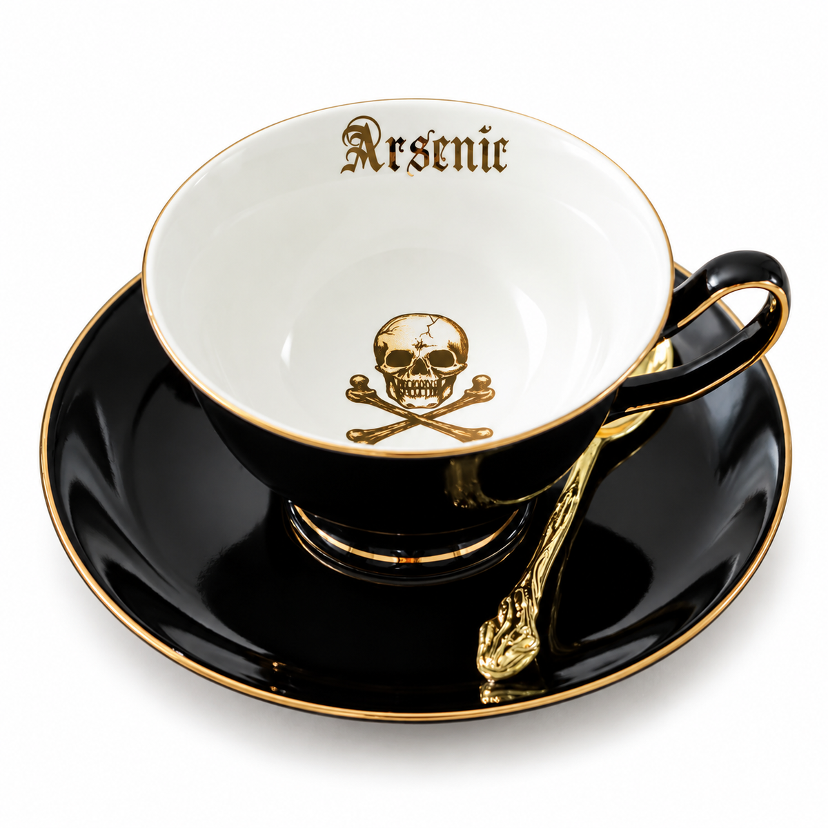 Arsenic Skull Black Gold 7oz Tea Cup and Saucer