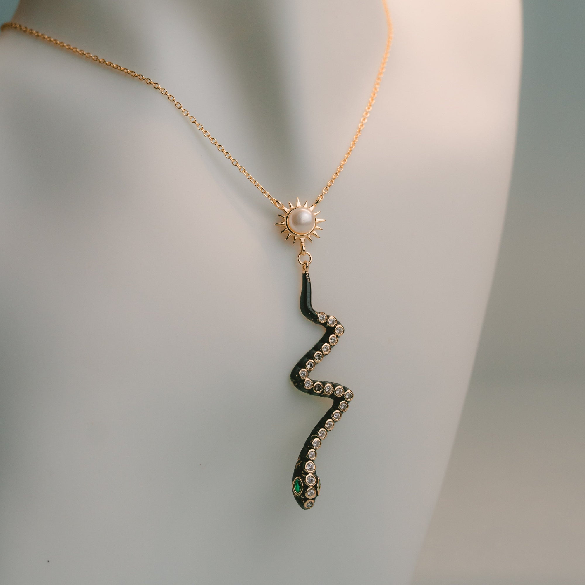 Solar Serpent Pearl Pendant Necklace