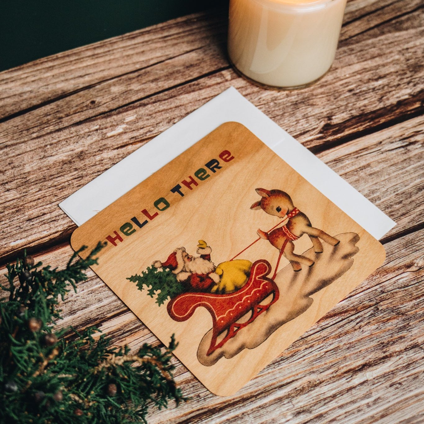 Wood Flat Card - Hello There Santa