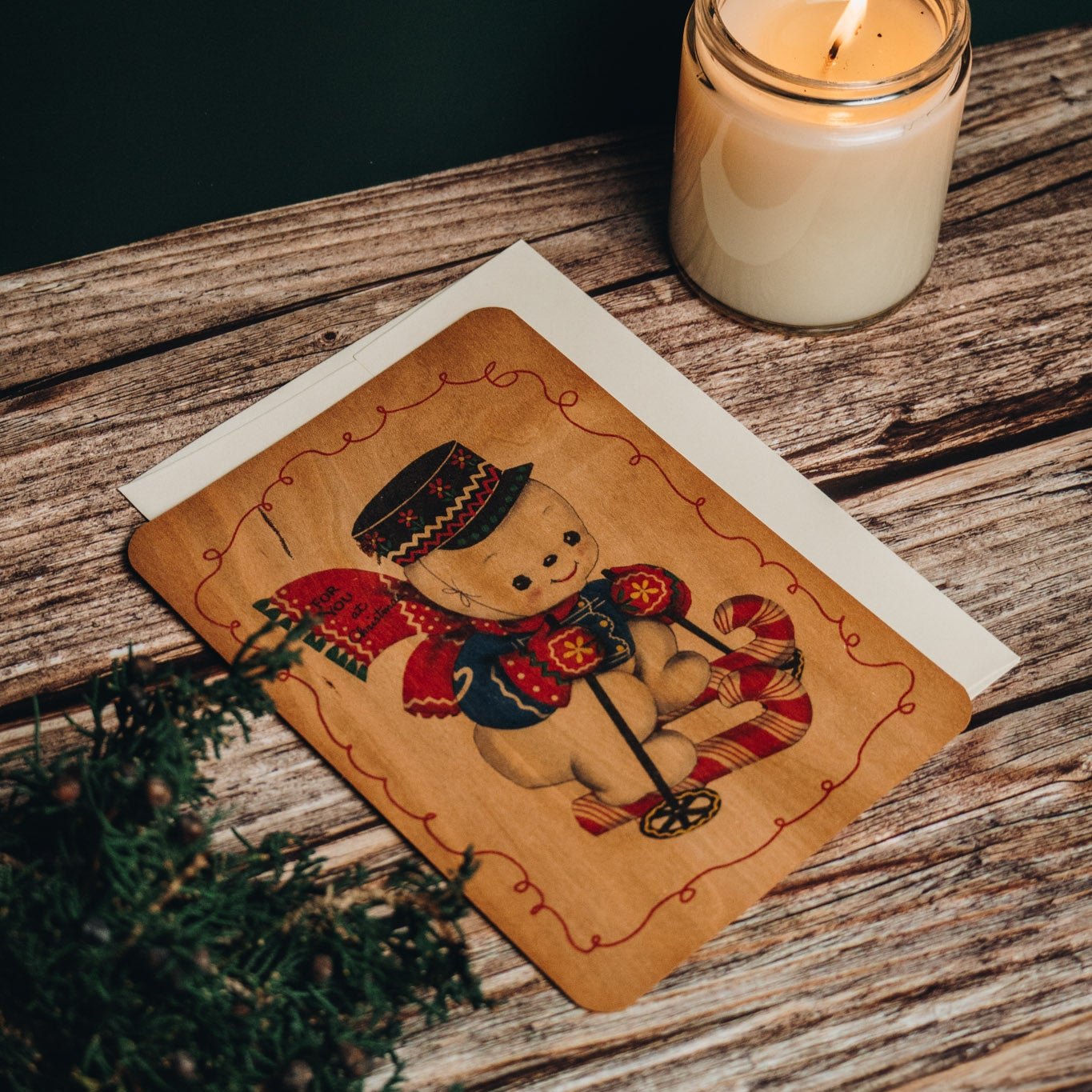 Wood Card Flat - Skiing Snowman