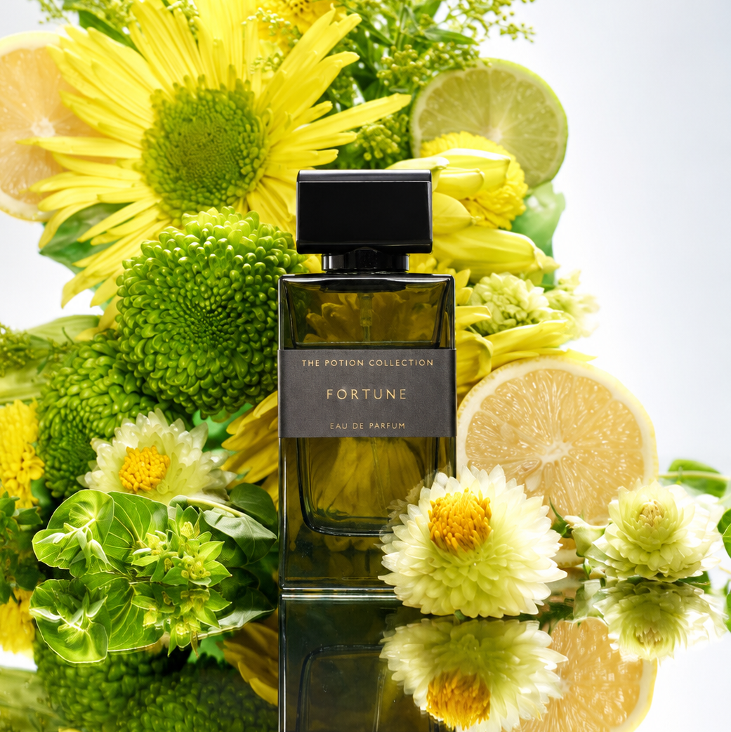 A rectangular glass perfume bottle labeled 'THE POTCH COLLECTION FORTUNE Eau de Parfum' stands centered in front of a dense floral arrangement of yellow flowers, green budding blossoms, and sliced citrus on a reflective surface against a white background.