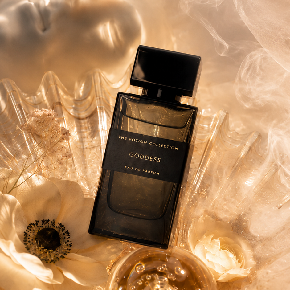 A dark glass perfume bottle labeled GODDESS by The Perfume Collection, styled in a luxurious flat lay with warm cream-colored flowers, a glass vessel filled with gold glitter, and soft smoke against a light beige background.