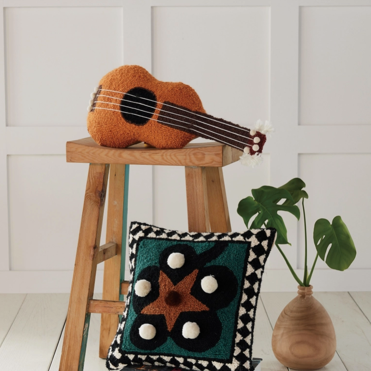 Ukulele Shaped Hook Pillow With Pom Poms & Tassels