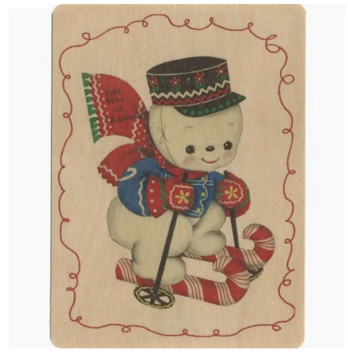 Wood Card Flat - Skiing Snowman