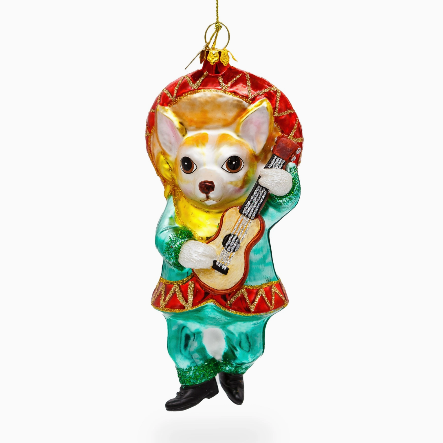 Chihuahua Dog in Sombrero Playing Guitar Glass Ornament