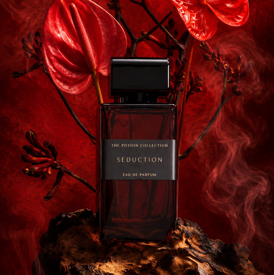 A dark glass perfume bottle labeled 'The Parfum Collection Seduction' stands on a textured rock against a dramatic red background with red anthurium flowers and dark branches.
Details