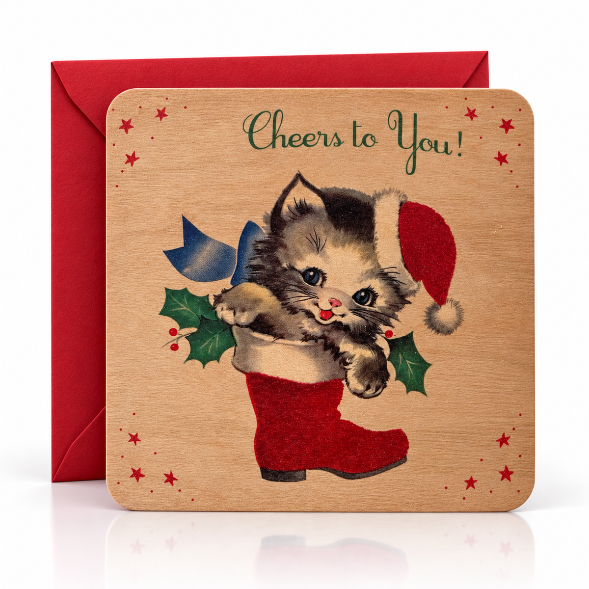Wood Flat Card - Kitty Stocking