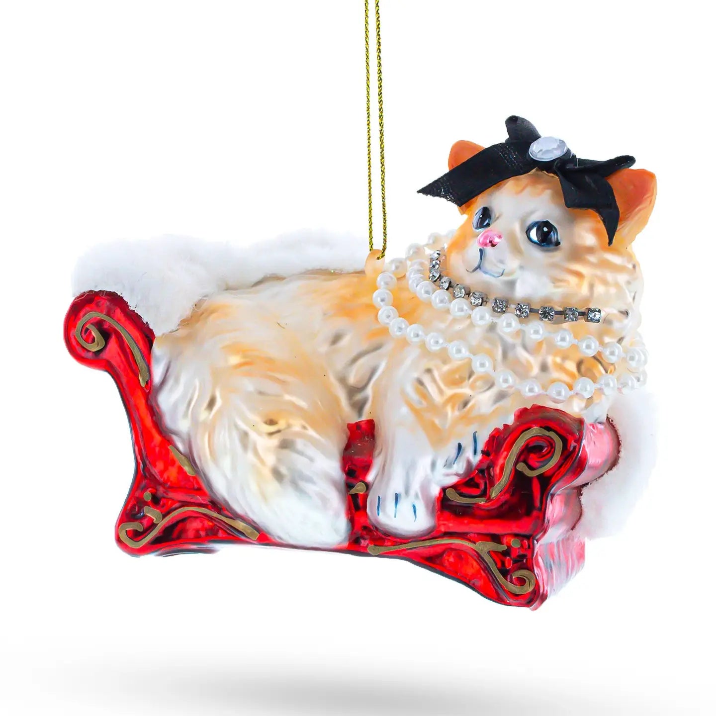 Cat in Pearl Necklace Lounging On Sofa Glass Ornament