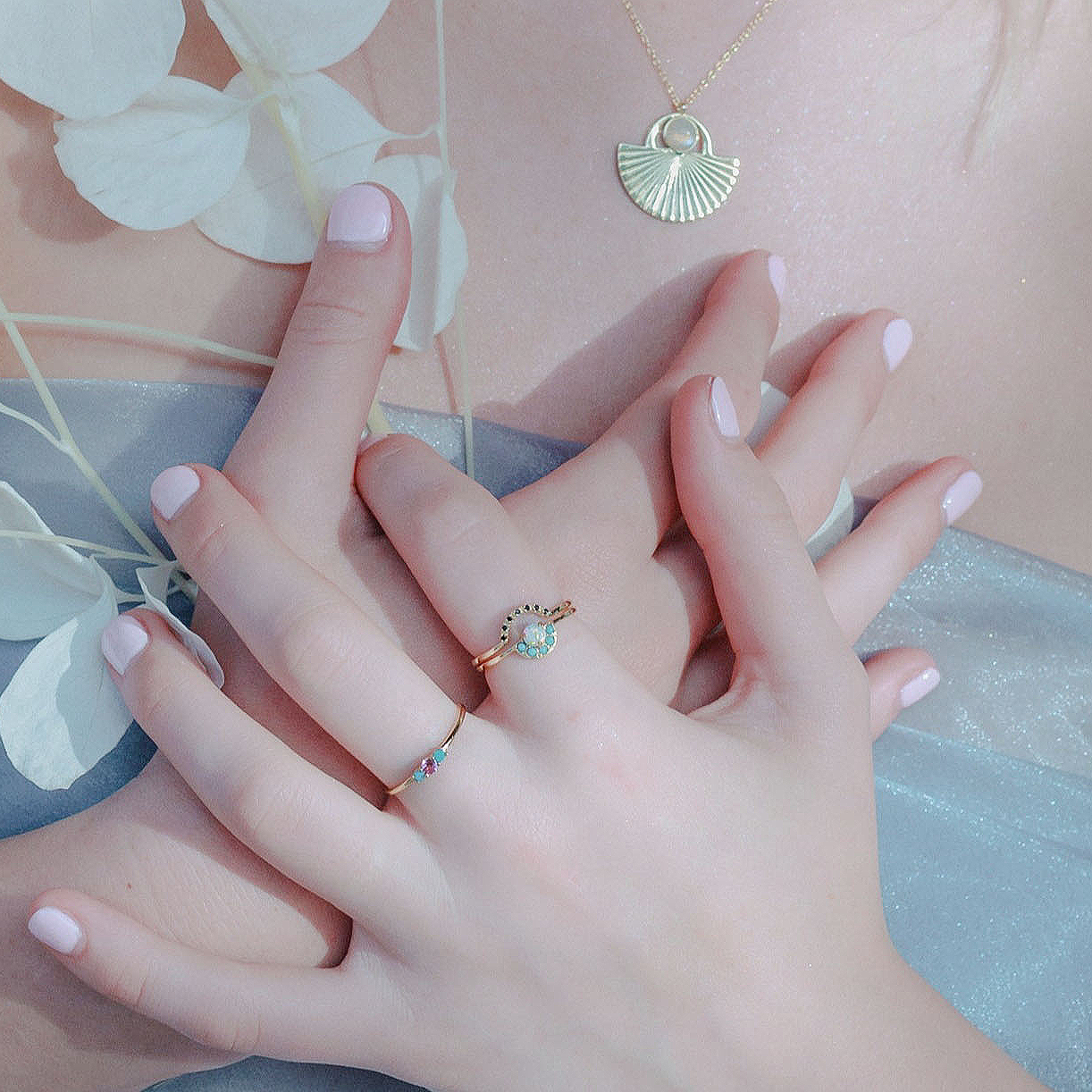 Calico White Opal Stacking Ring Set