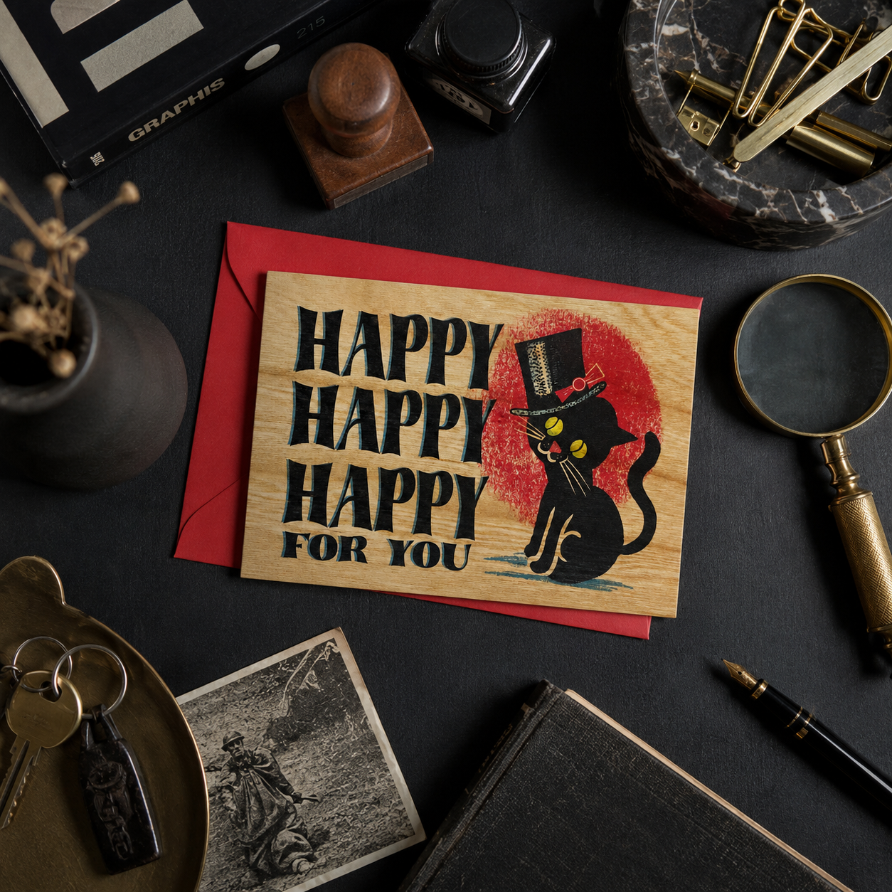 Wood Folding Card - Happy Happy Happy Cat