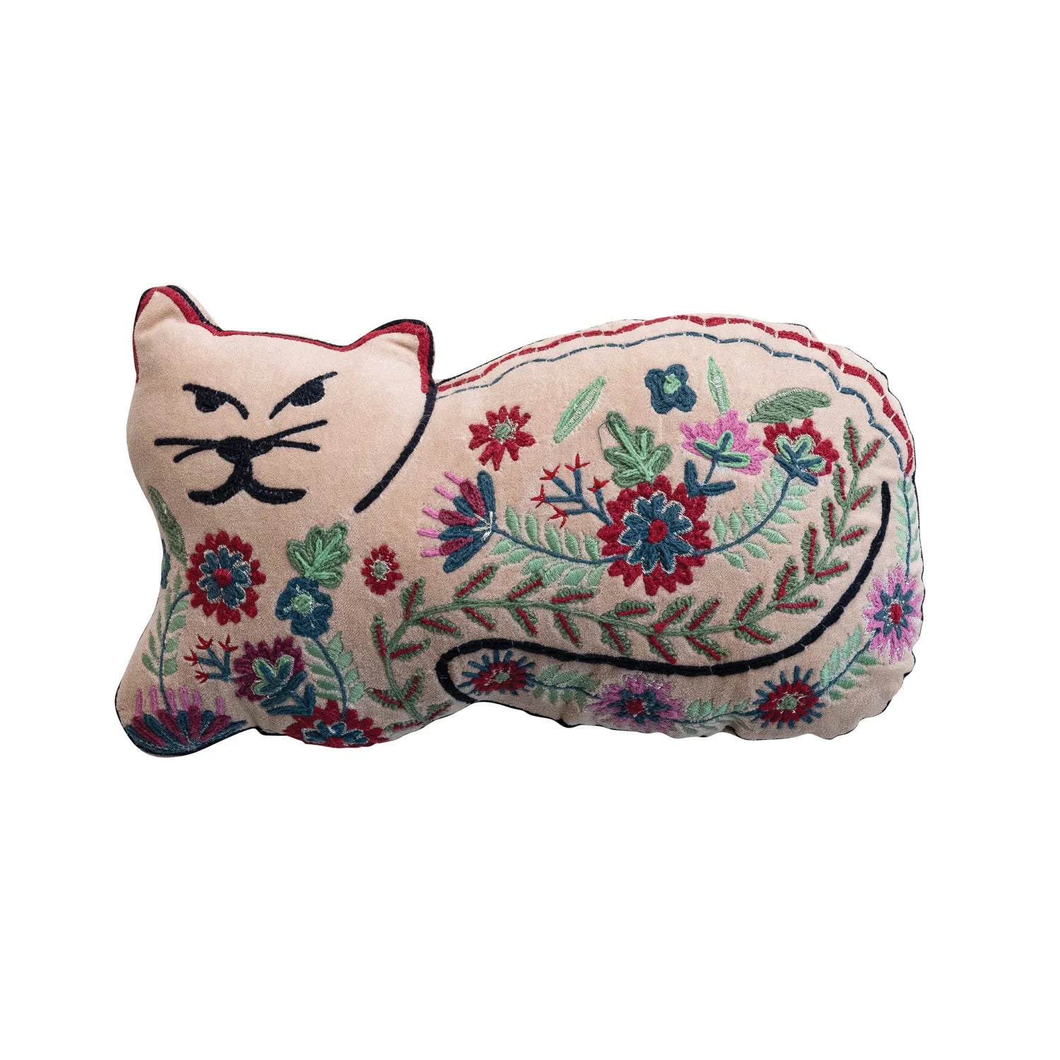 Embroidered Botanical Cat Velvet Accent Pillow