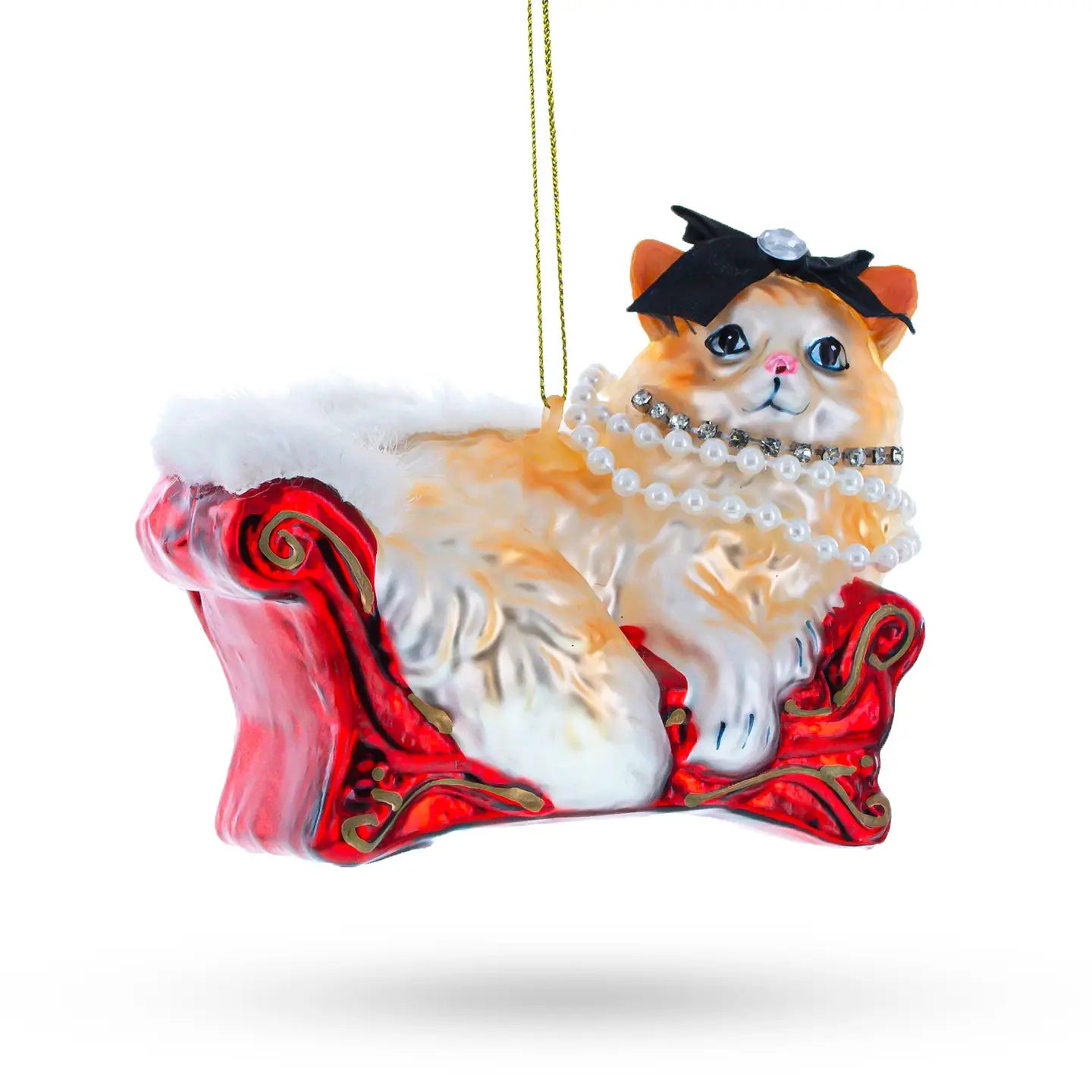 Cat in Pearl Necklace Lounging On Sofa Glass Ornament