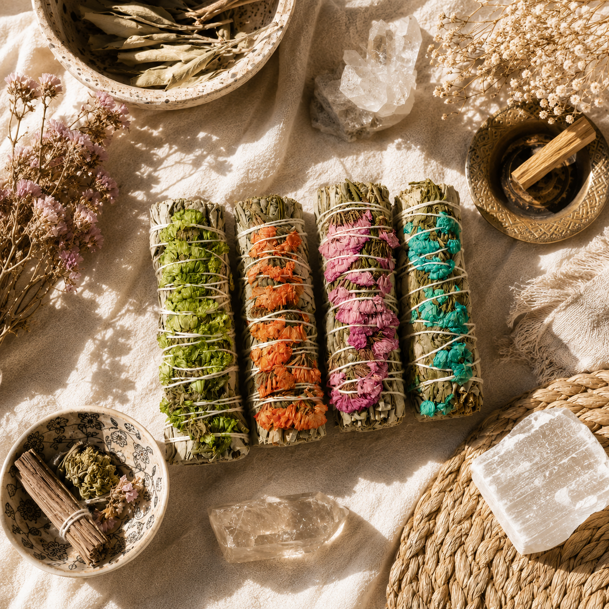 Four colorful dried flower smudge bundles wrapped in white string, arranged on a beige linen cloth with dried botanical props, crystals, and a small bowl around them.