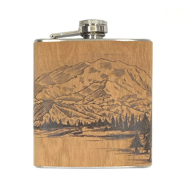 mountains wood flask
