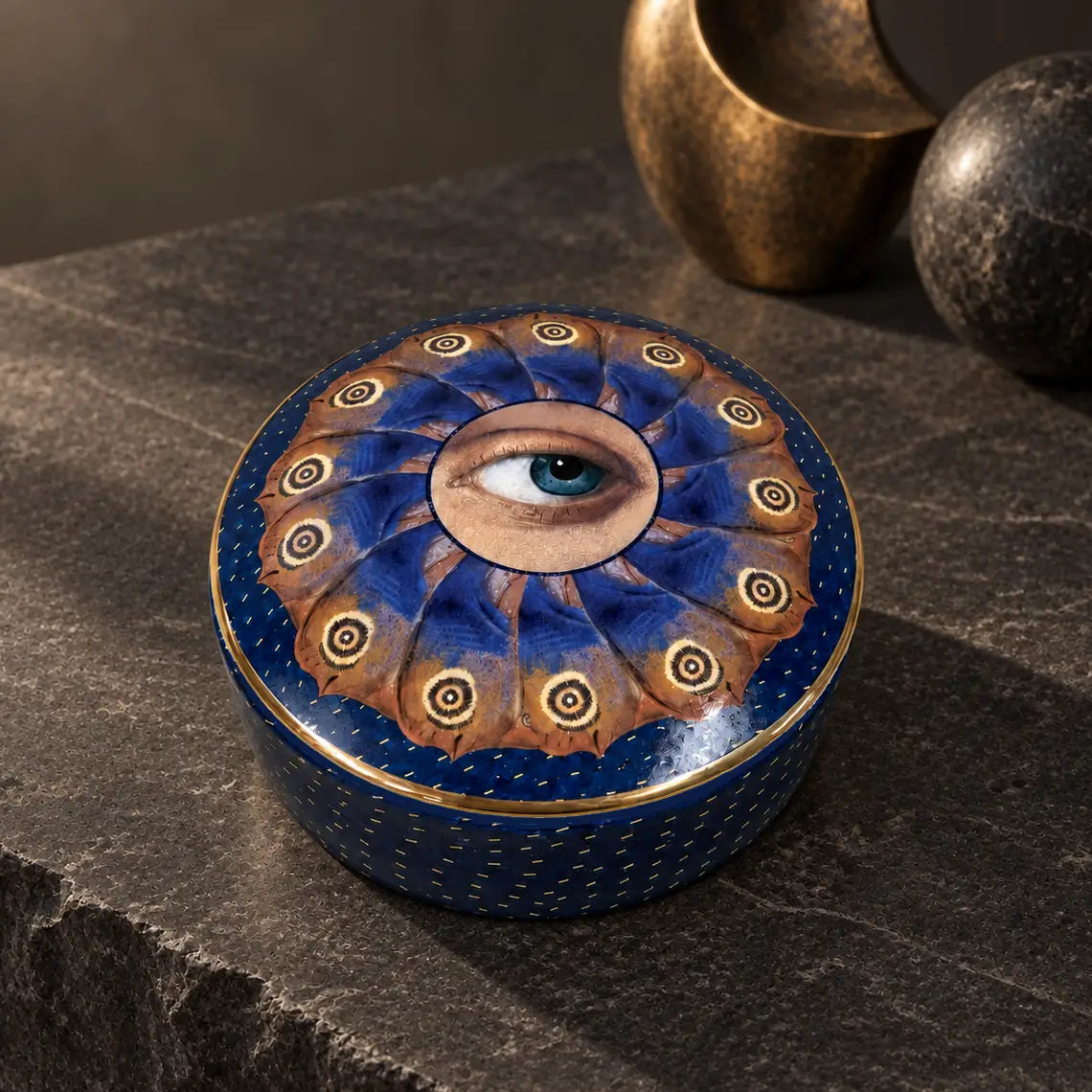 Round Cermaic Box Large -  Blue Eyed Butterfly 