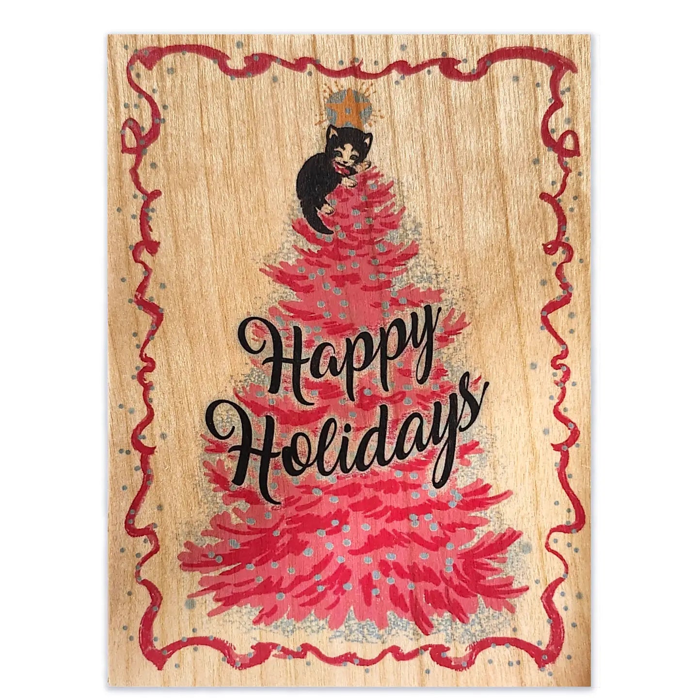 Wood Folding Card Happy Holidays Kitten