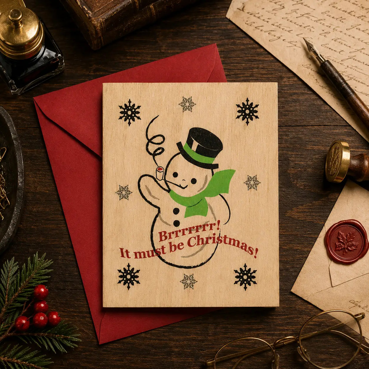 Holiday Wood Folding Card - Brrrr Snowman