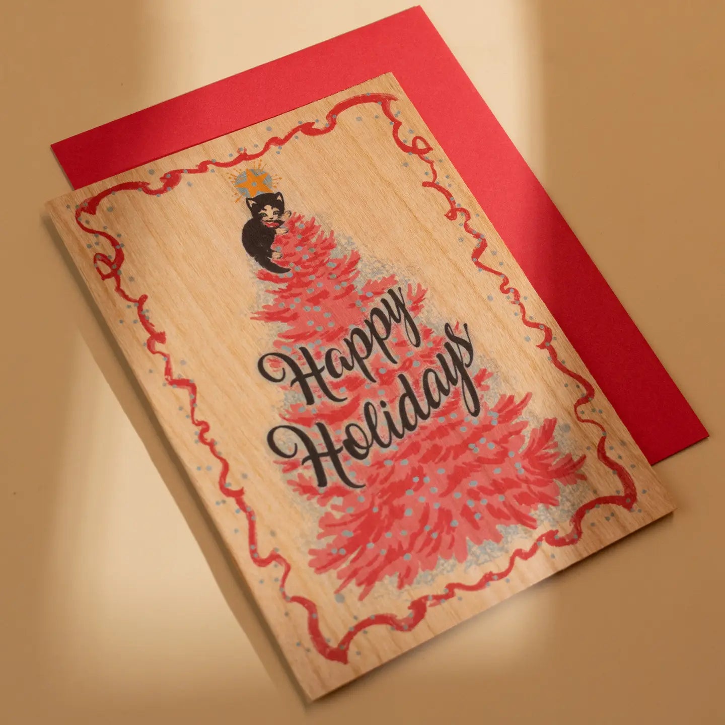 Wood Folding Card Happy Holidays Kitten