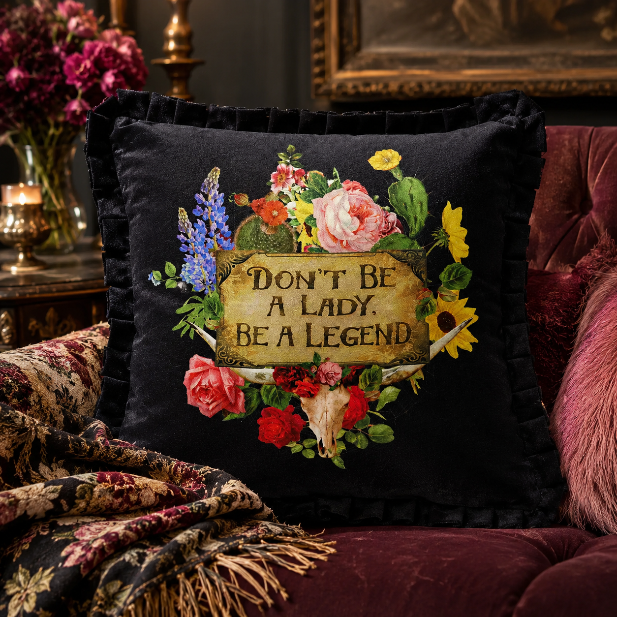 A black velvet throw pillow with ruffled edges, featuring a vintage-style floral illustration and the text 'DON'T BE A LADY, BE A LEGEND' on a worn label. The pillow is styled on a dark burgundy velvet sofa with a patterned throw blanket.