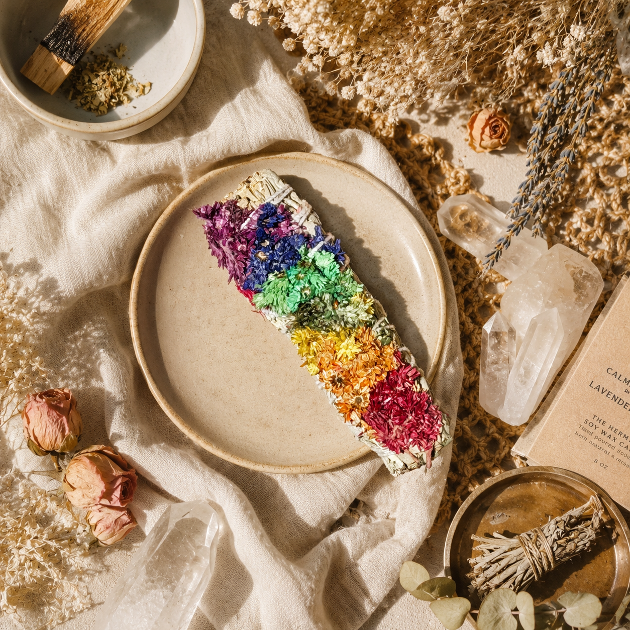 A rectangular lavender soap bar with a rainbow of dried flower petals on a beige ceramic plate, styled in a boho flat-lay with dried flowers, crystals, and a sage bundle.