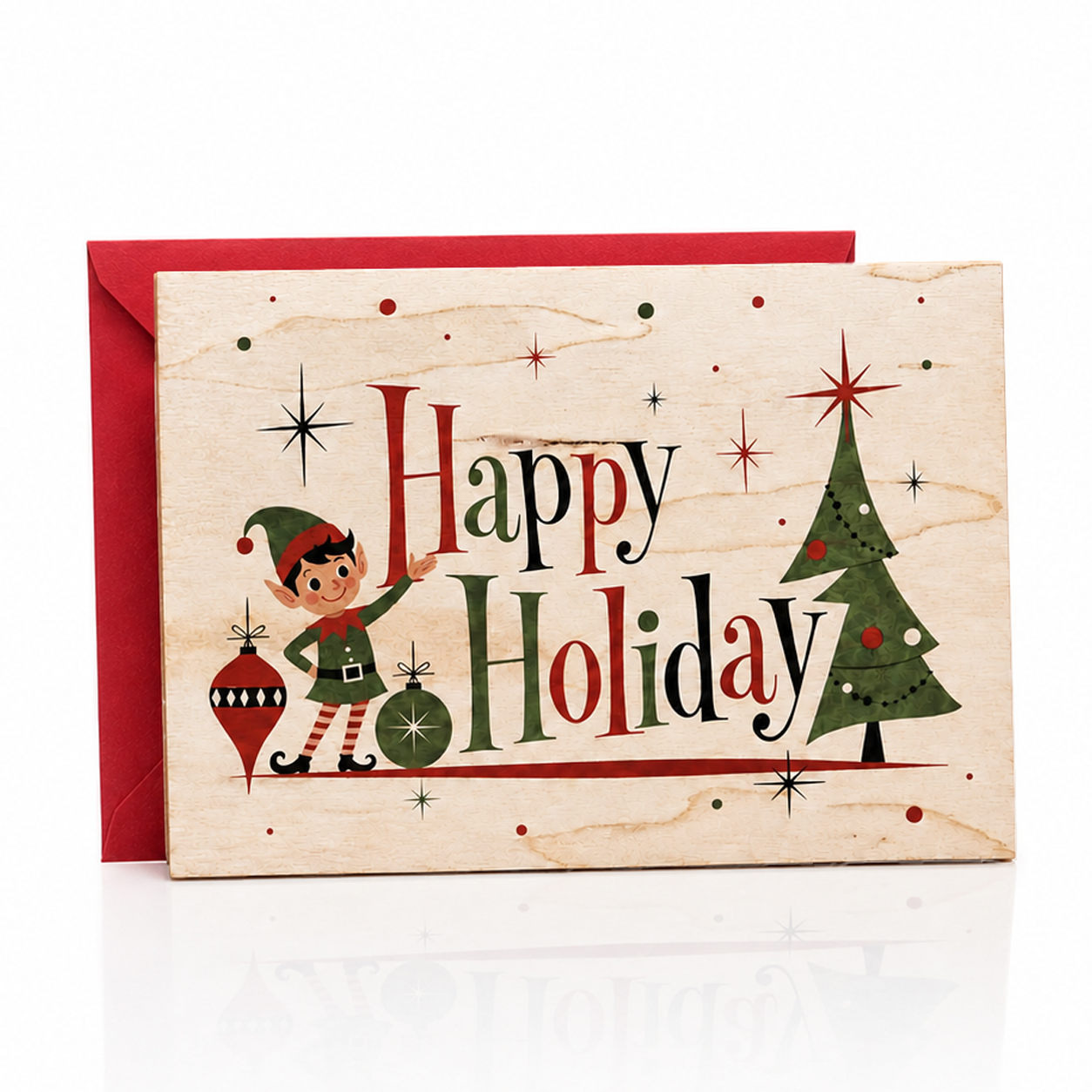 Wood Folding Card - Retro Elf Holiday