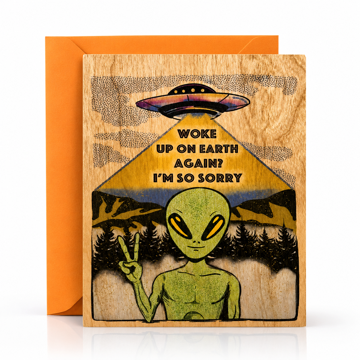 Wood Folding Card - Sympathetic Alien