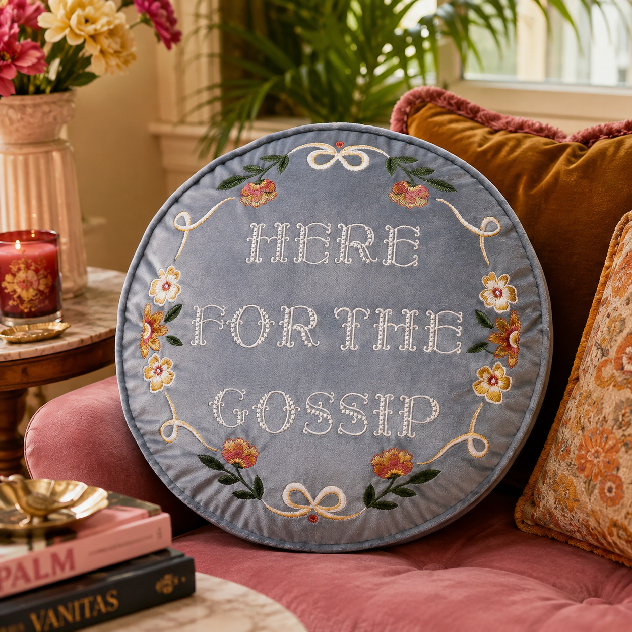 Here For the Gossip Embroidered Pillow